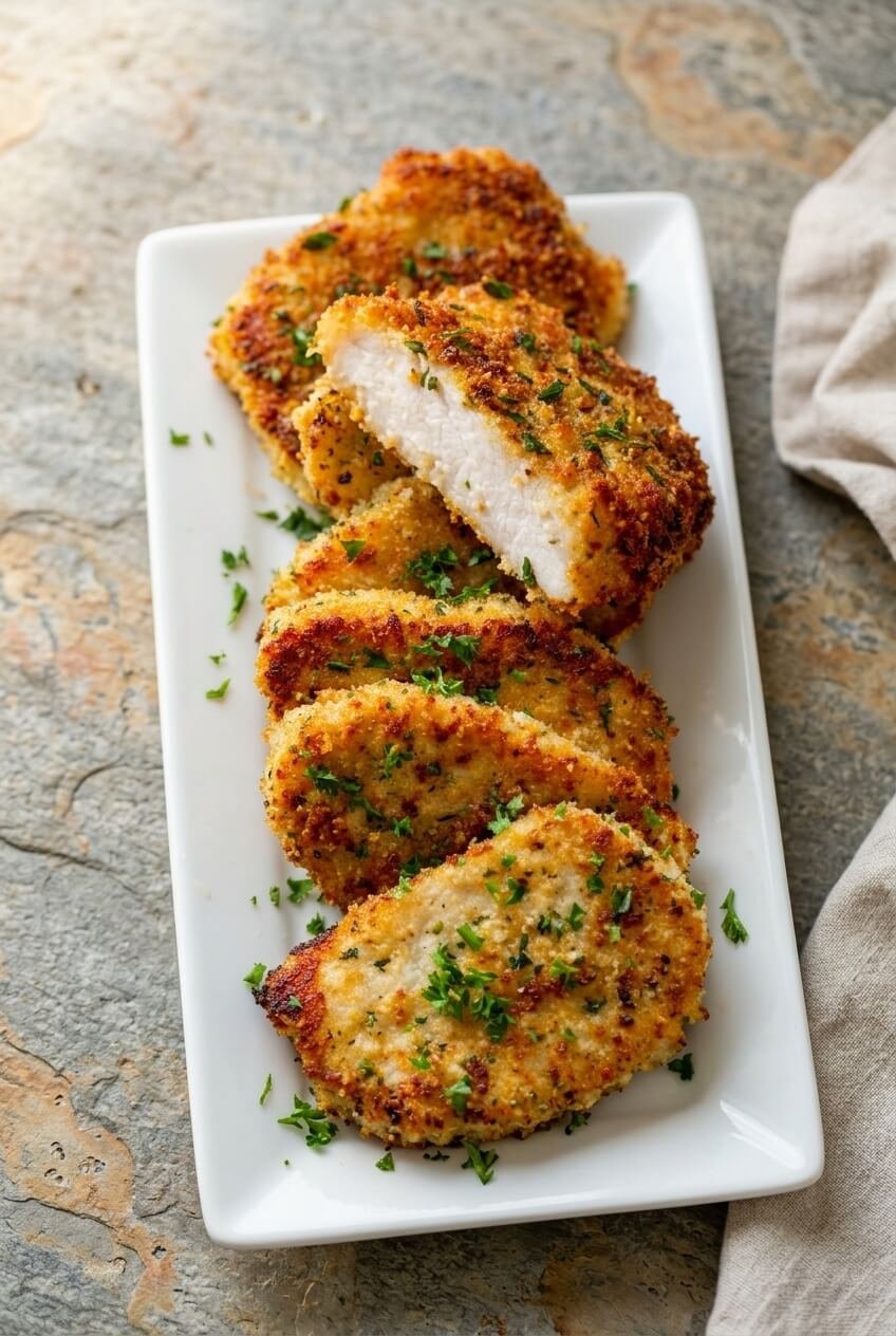 parmesan baked pork chops recipe - Parmesan Baked Pork Chops served in a white bowl overhead view