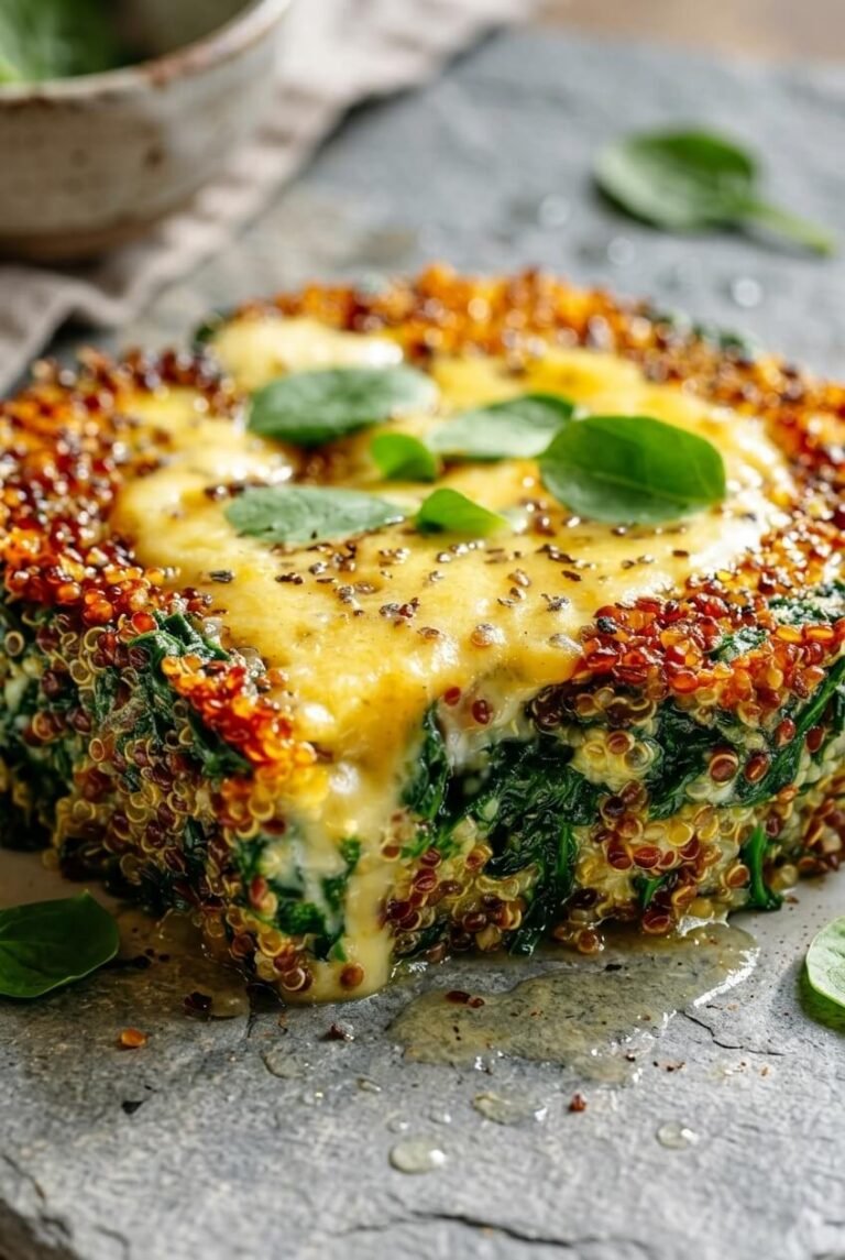 quinoa lentil spinach bake recipe - Quinoa Lentil Spinach Bake served in a white bowl overhead view