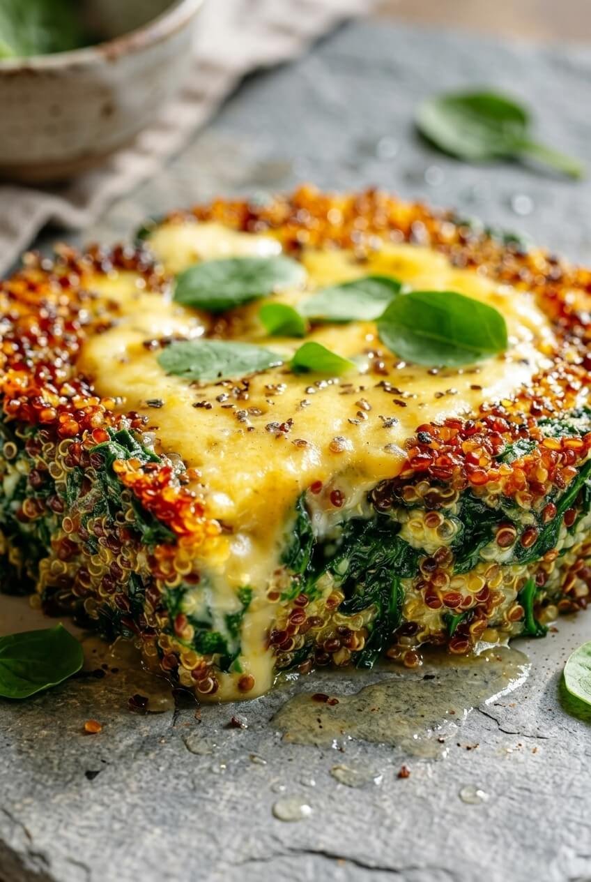quinoa lentil spinach bake recipe - Quinoa Lentil Spinach Bake served in a white bowl overhead view