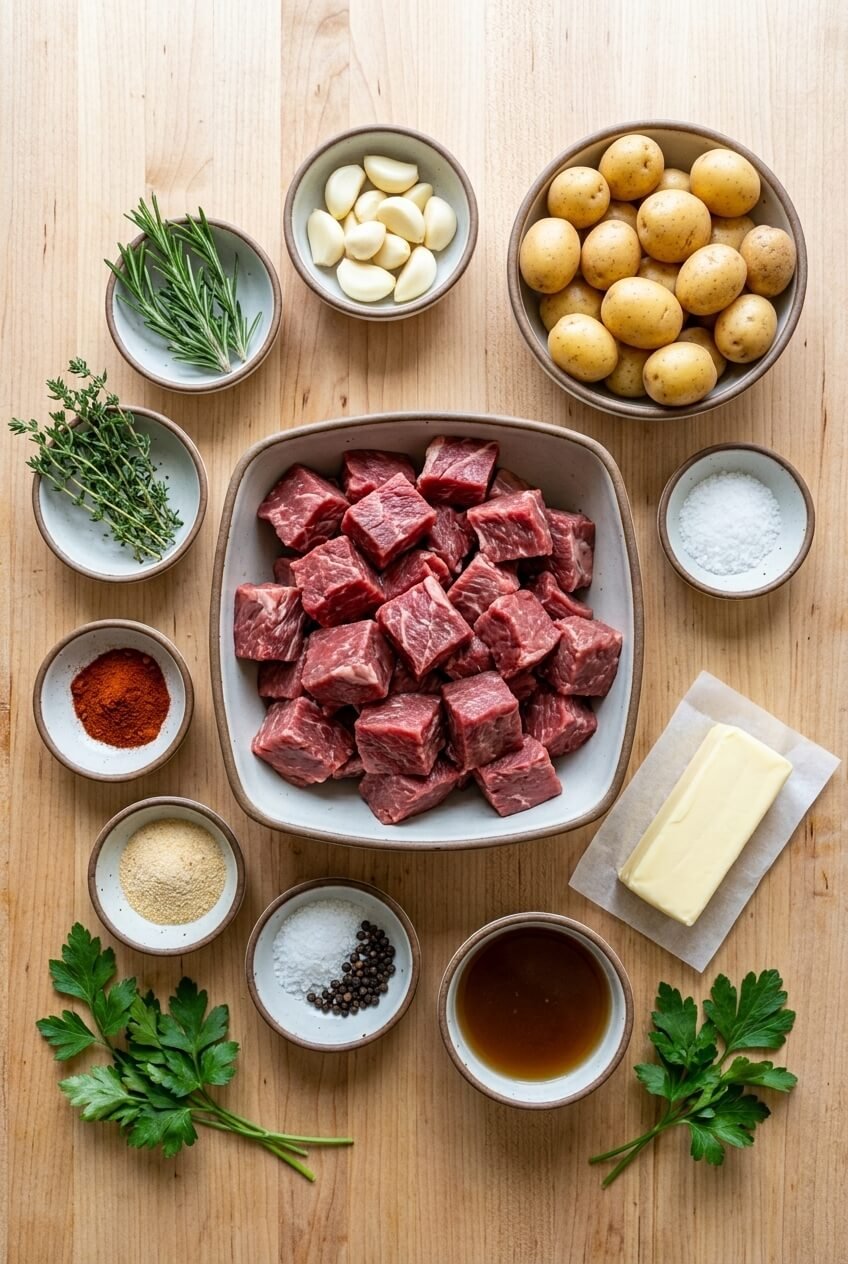 ingredients for High Protein Slow Cooker Garlic Butter Beef Bites