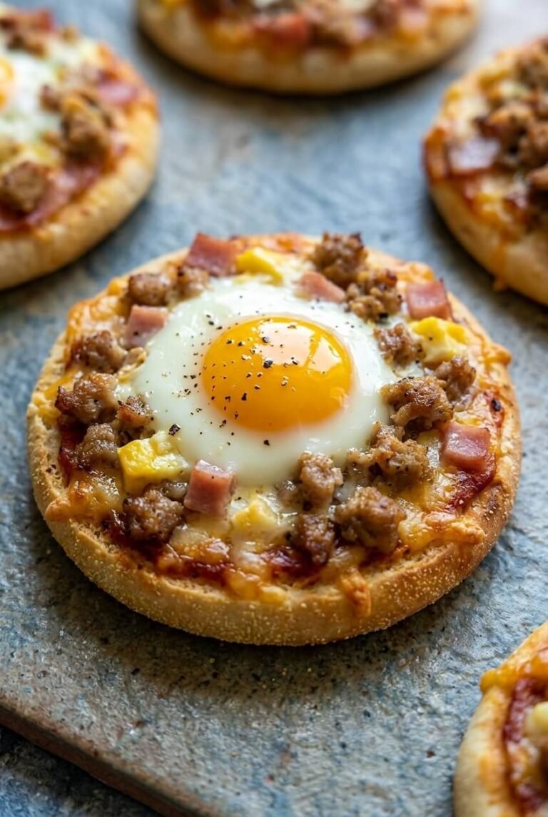 english muffin breakfast pizza recipe - English Muffin Breakfast Pizza served in a white bowl overhead view