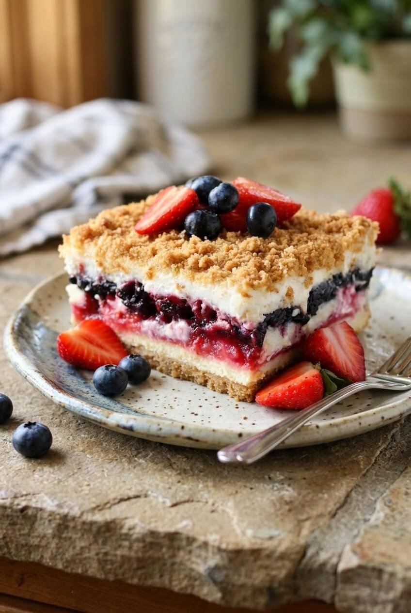 red white and blue mixed berry yum yum recipe - Red White and Blue Mixed Berry Yum Yum served in a white bowl overhead view