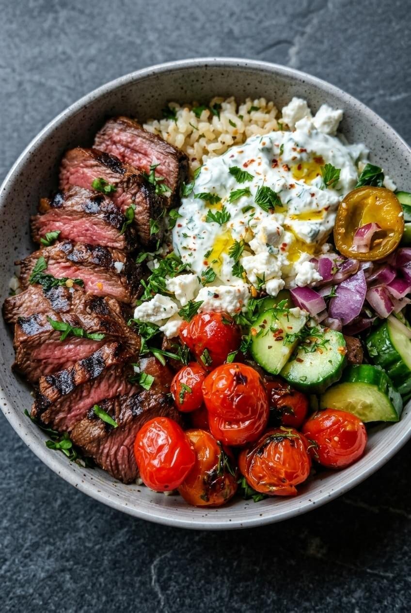 mediterranean steak bowl recipe - Mediterranean Steak Bowl Recipe served in a white bowl overhead view