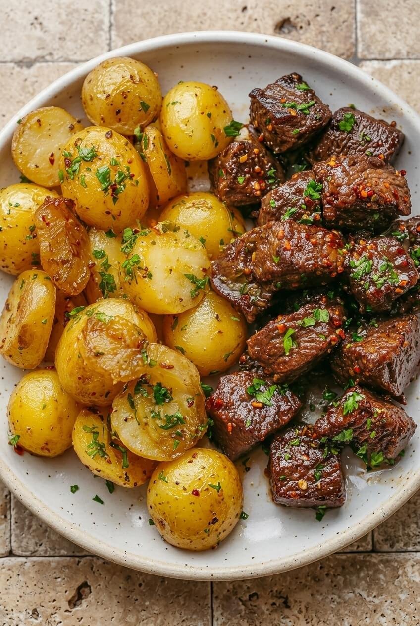 irresistible garlic butter steak bites & potatoes recipe - Irresistible Garlic Butter Steak Bites & Potatoes served in a white bowl overhead view