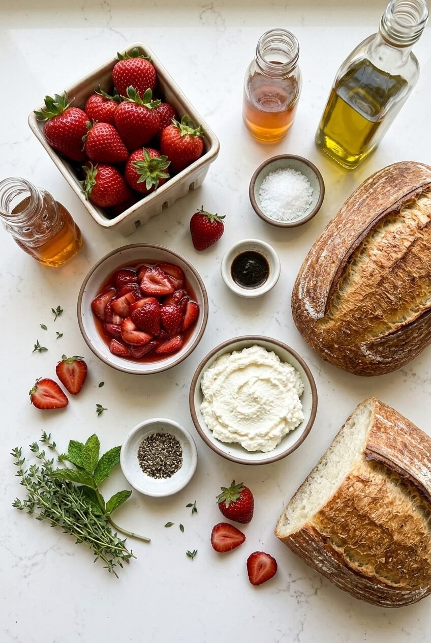 ingredients for Roasted Strawberry Whipped Ricotta Toast