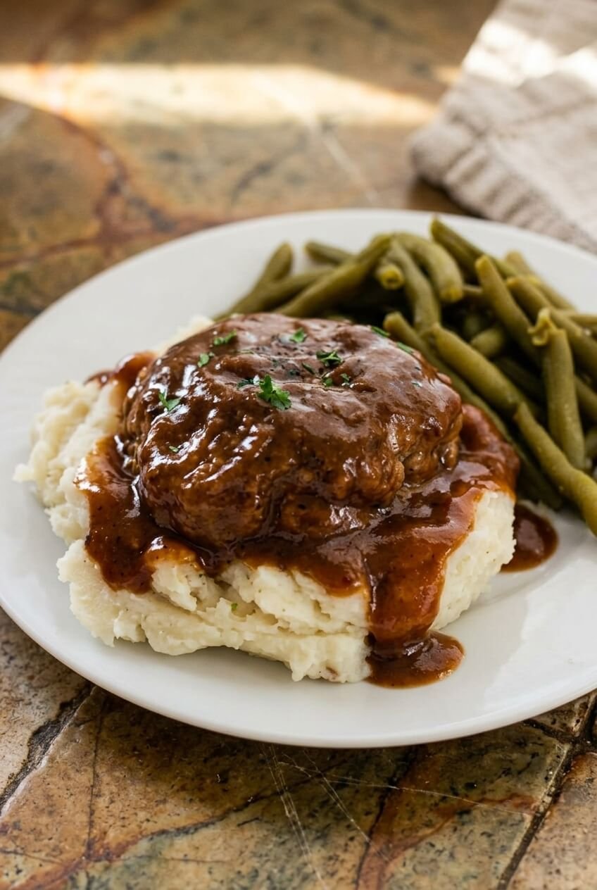 simple salisbury steak recipe - Simple Salisbury Steak served in a white bowl overhead view