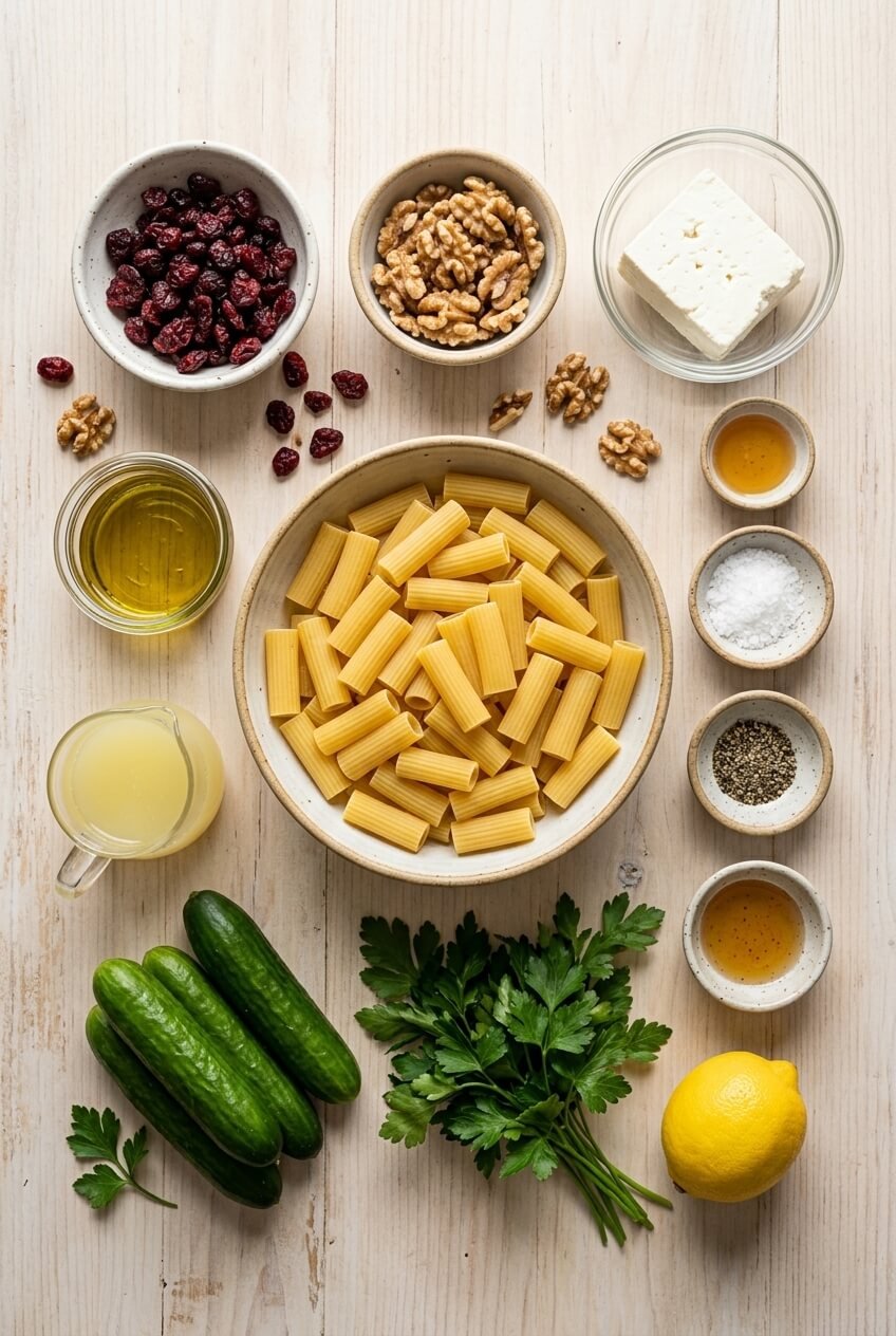 ingredients for Feta & Cranberry Rigatoni Salad with Lemon Vinaigrette