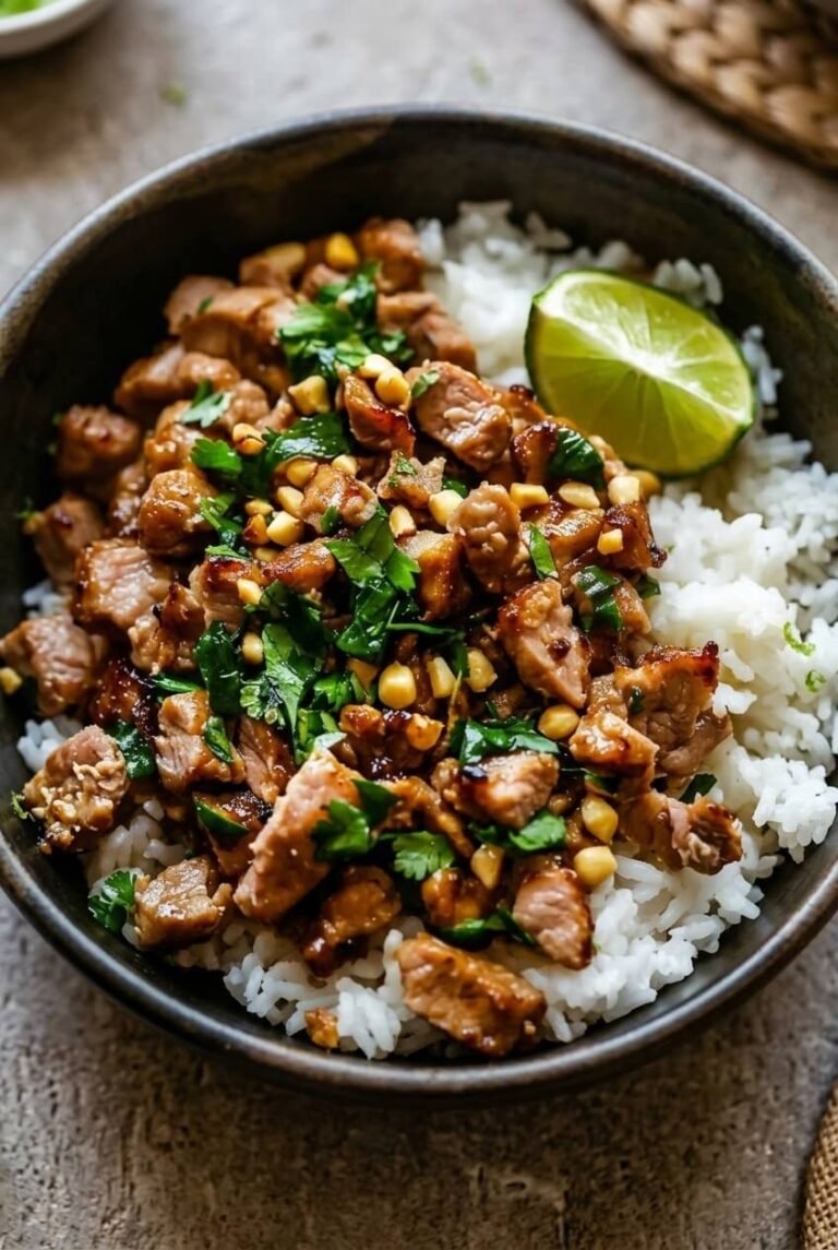 ginger lime pork with coconut rice recipe - Ginger Lime Pork with Coconut Rice served in a white bowl overhead view