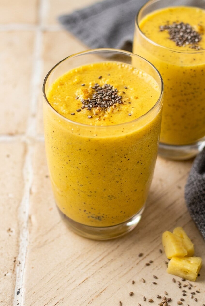 anti-inflammatory pineapple banana turmeric chia seed smoothie recipe - Anti-Inflammatory Pineapple Banana Turmeric Chia Seed Smoothie served in a white bowl overhead view