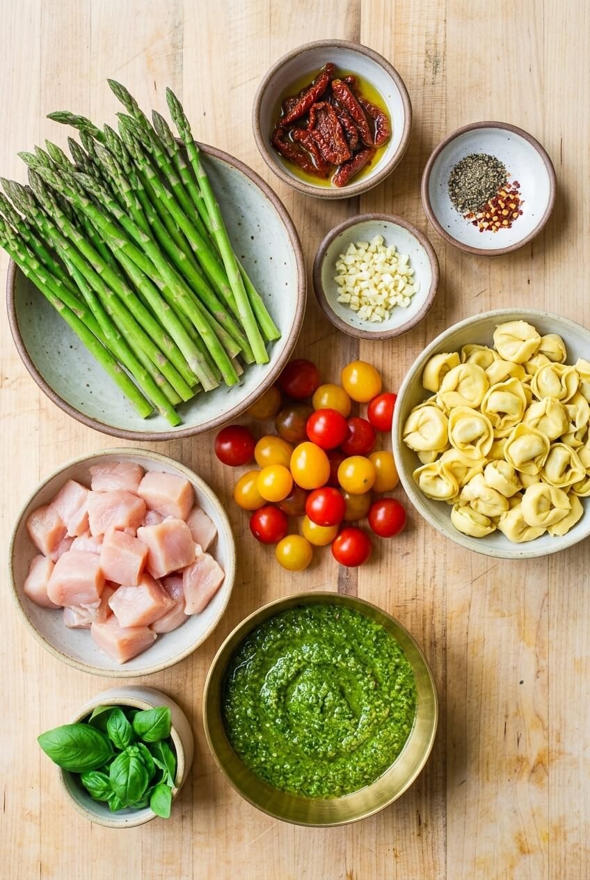 ingredients for Pesto Chicken and Tortellini Skillet