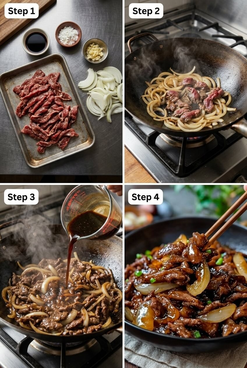 cooking Bœuf Sauté aux Oignons step by step