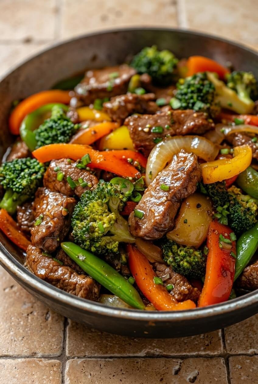 beef stir fry with vegetables recipe - Beef Stir Fry with Vegetables served in a white bowl overhead view