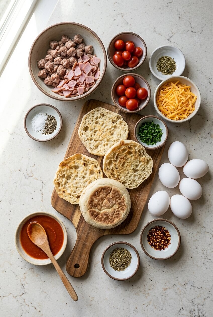 ingredients for English Muffin Breakfast Pizza