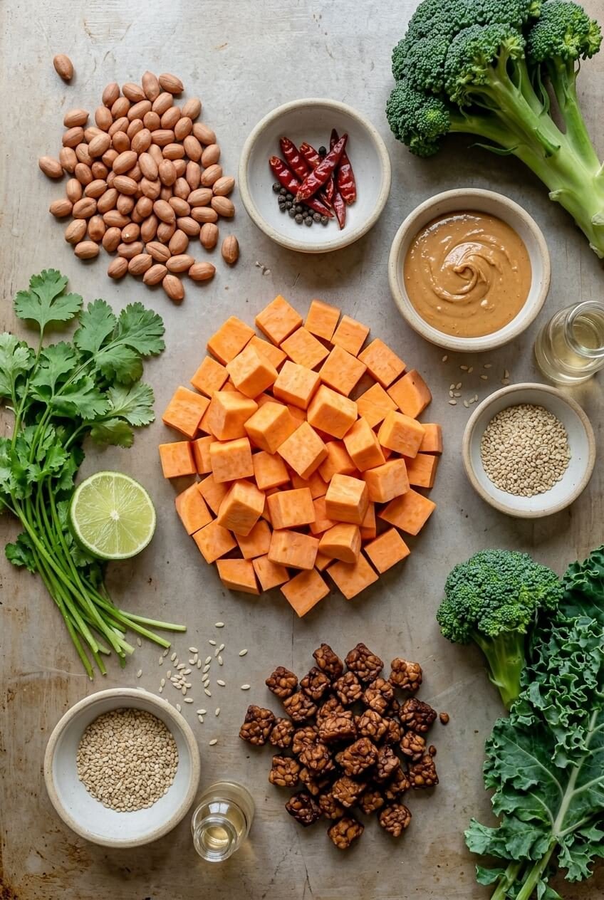 ingredients for Thai Peanut Sweet Potato Buddha Bowl