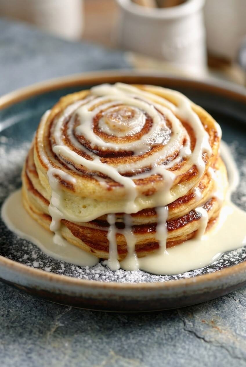 fluffy cinnamon roll pancakes recipe - Fluffy Cinnamon Roll Pancakes served in a white bowl overhead view