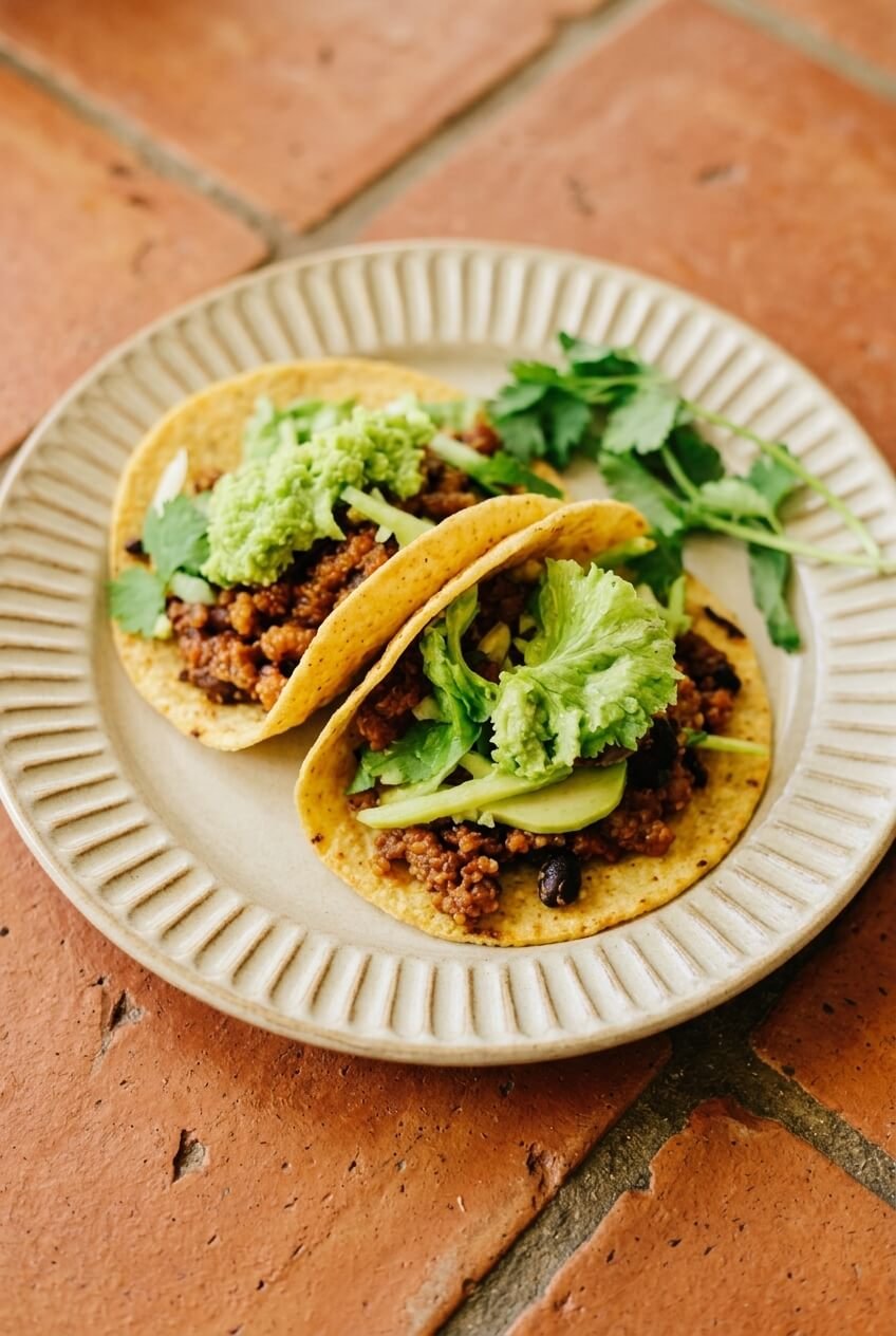 healthy cinco de mayo quinoa & black bean tacos recipe - Healthy Cinco De Mayo Quinoa & Black Bean Tacos served in a white bowl overhead view