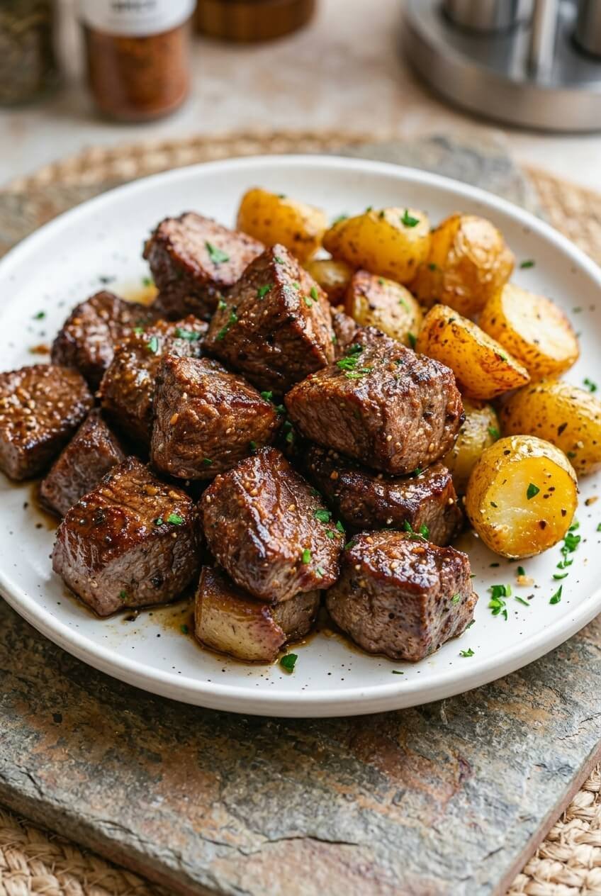 garlic steak and potatoes recipe - GARLIC STEAK AND POTATOES served in a white bowl overhead view
