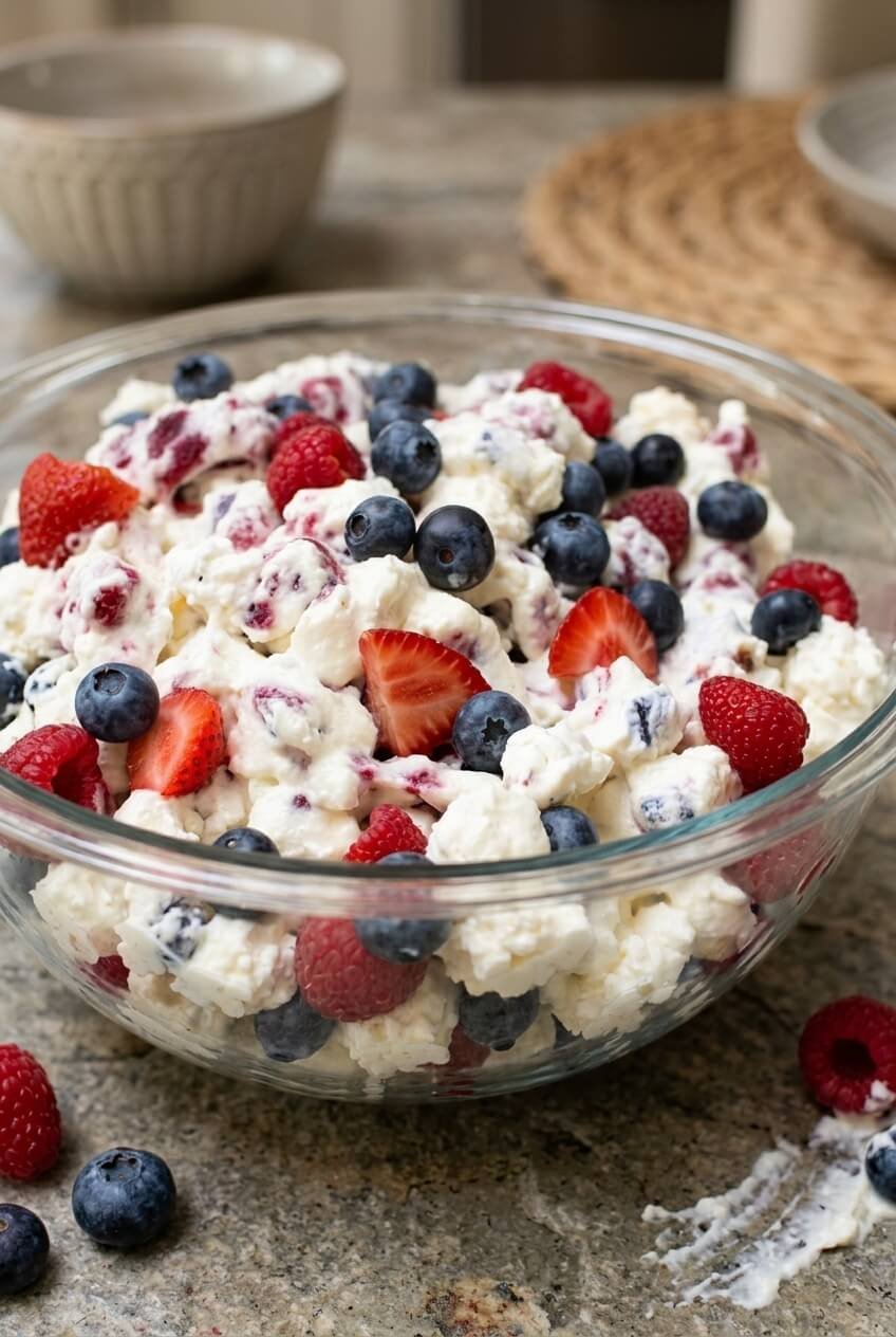 red white and blue cheesecake salad recipe - Red White and Blue Cheesecake Salad served in a white bowl overhead view