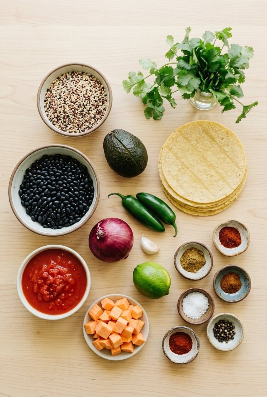 ingredients for Healthy Cinco De Mayo Quinoa & Black Bean Tacos