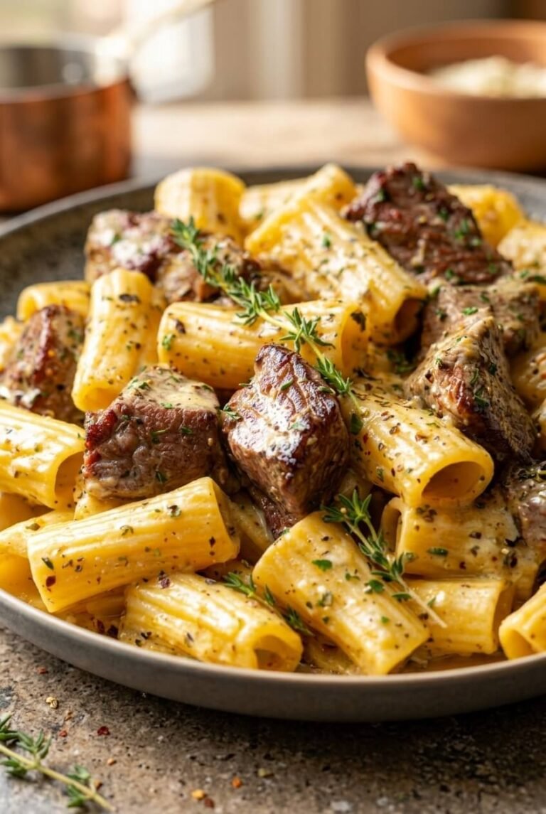 garlic steak dinner recipe - Garlic Steak Dinner served in a white bowl overhead view
