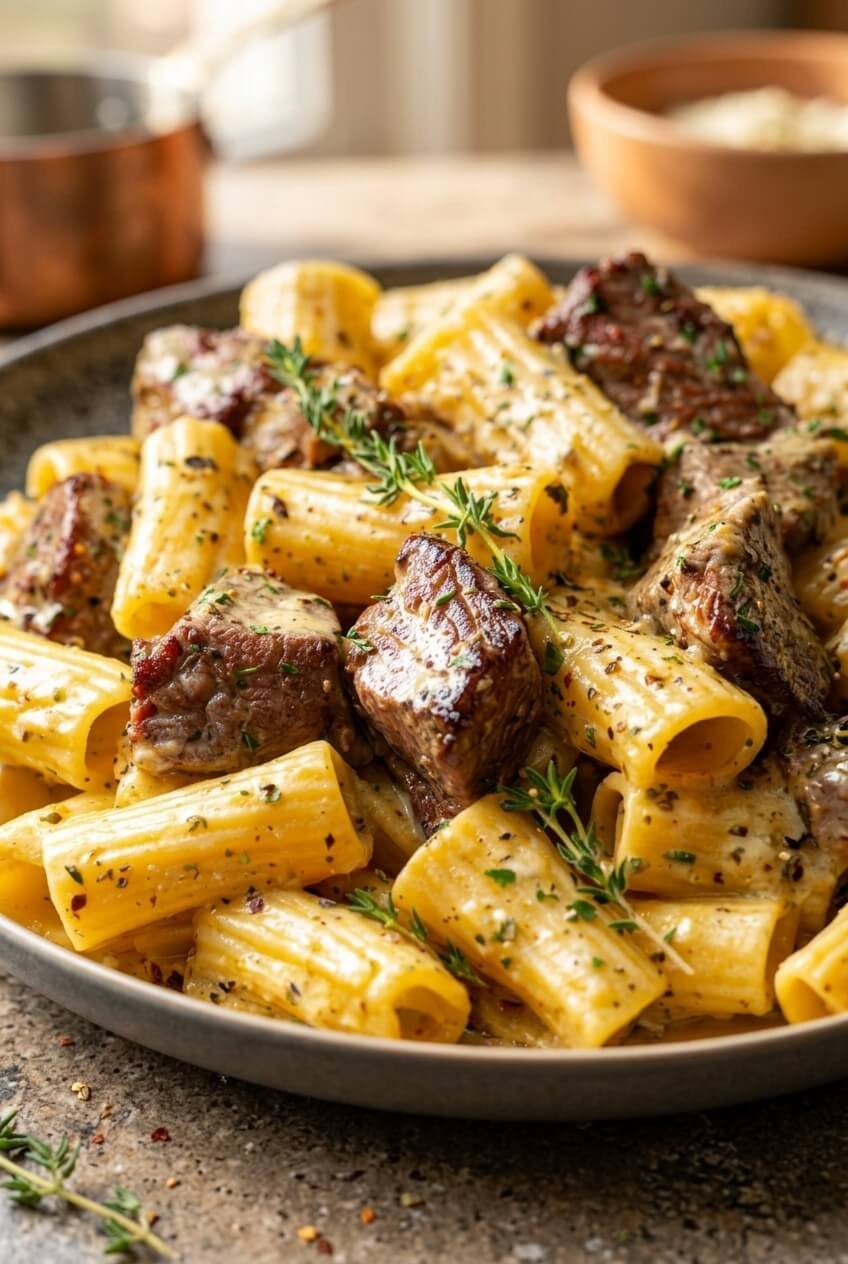 garlic steak dinner recipe - Garlic Steak Dinner served in a white bowl overhead view