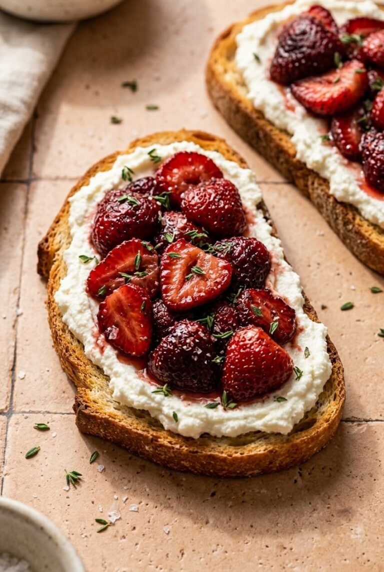 roasted strawberry whipped ricotta toast recipe - Roasted Strawberry Whipped Ricotta Toast served in a white bowl overhead view