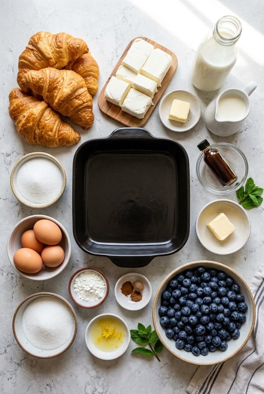 ingredients for Blueberry Cream Cheese Croissant Casserole