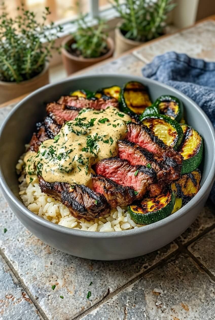 steak bowl zucchini recipe - Steak Bowl Zucchini served in a white bowl overhead view