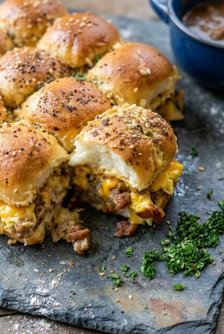 pull-apart cowboy breakfast sliders recipe - Pull-Apart Cowboy Breakfast Sliders served in a white bowl overhead view