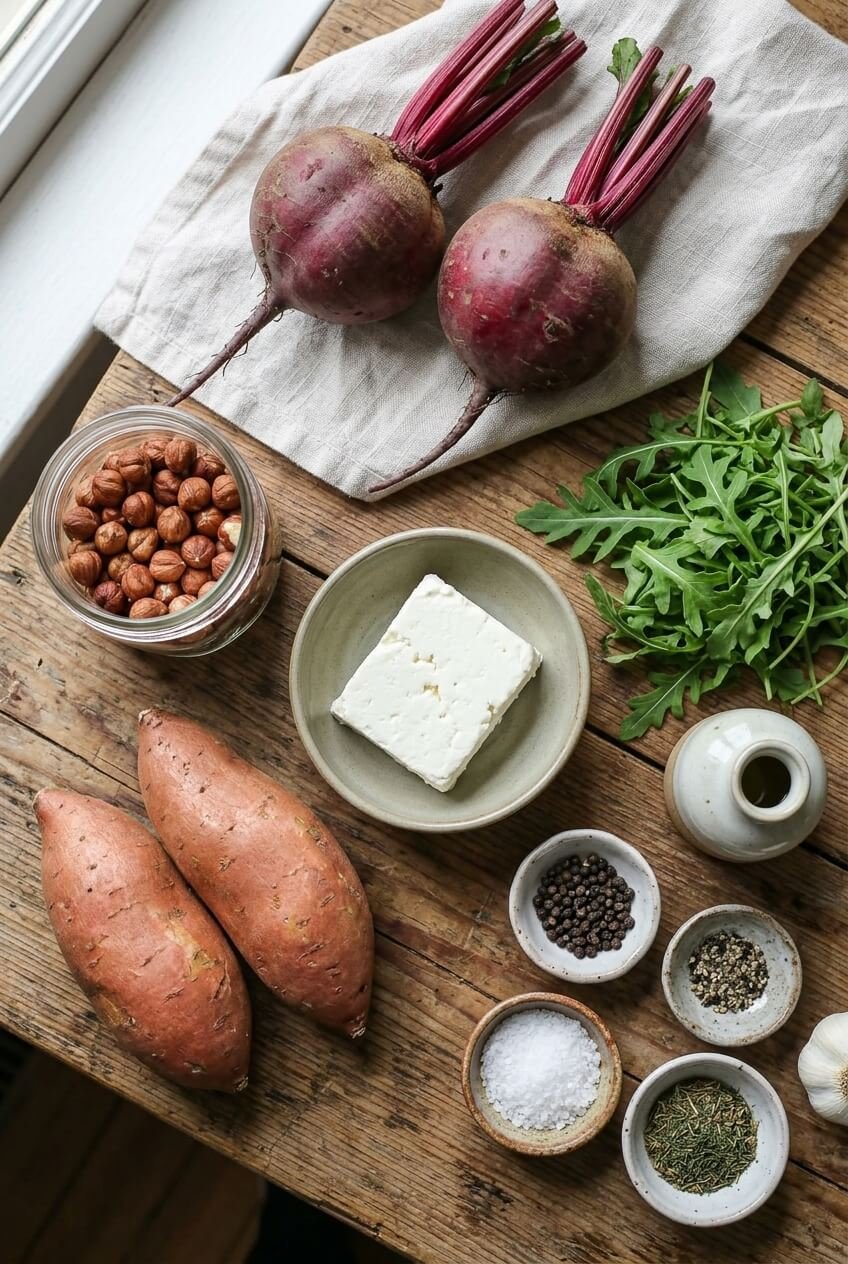 ingredients for Creamy Roasted Beet Salad with Sweet Potato & Feta