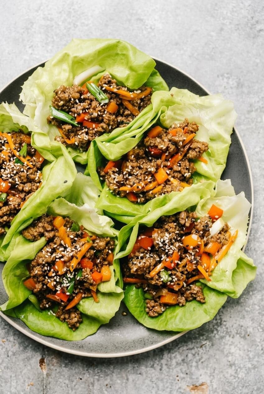 beef lettuce wraps recipe - beef lettuce wraps served in a white bowl overhead view