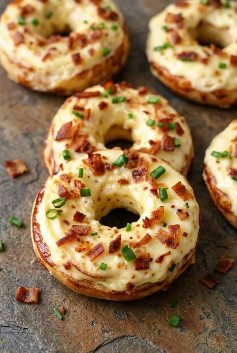 zesty bacon cream cheese bagels recipe - Zesty Bacon Cream Cheese Bagels served in a white bowl overhead view