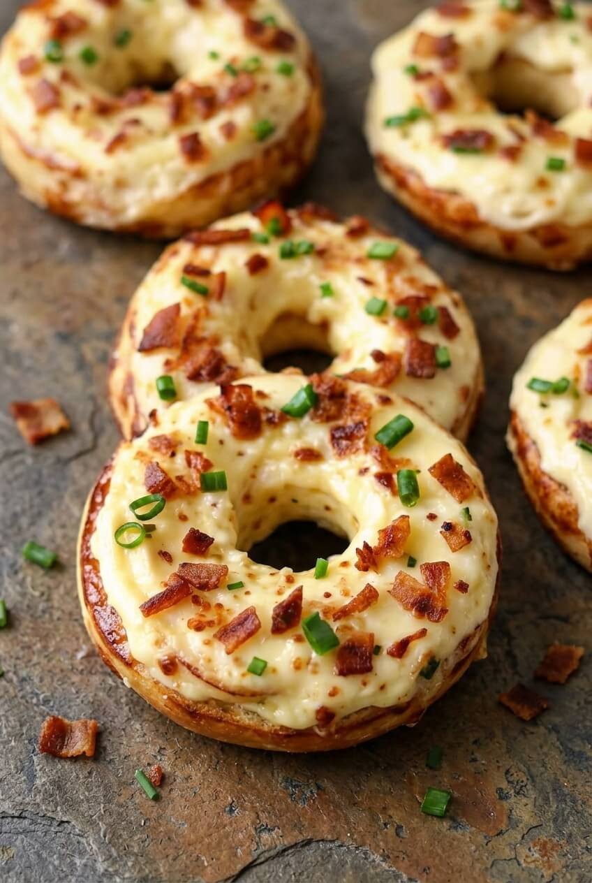 zesty bacon cream cheese bagels recipe - Zesty Bacon Cream Cheese Bagels served in a white bowl overhead view