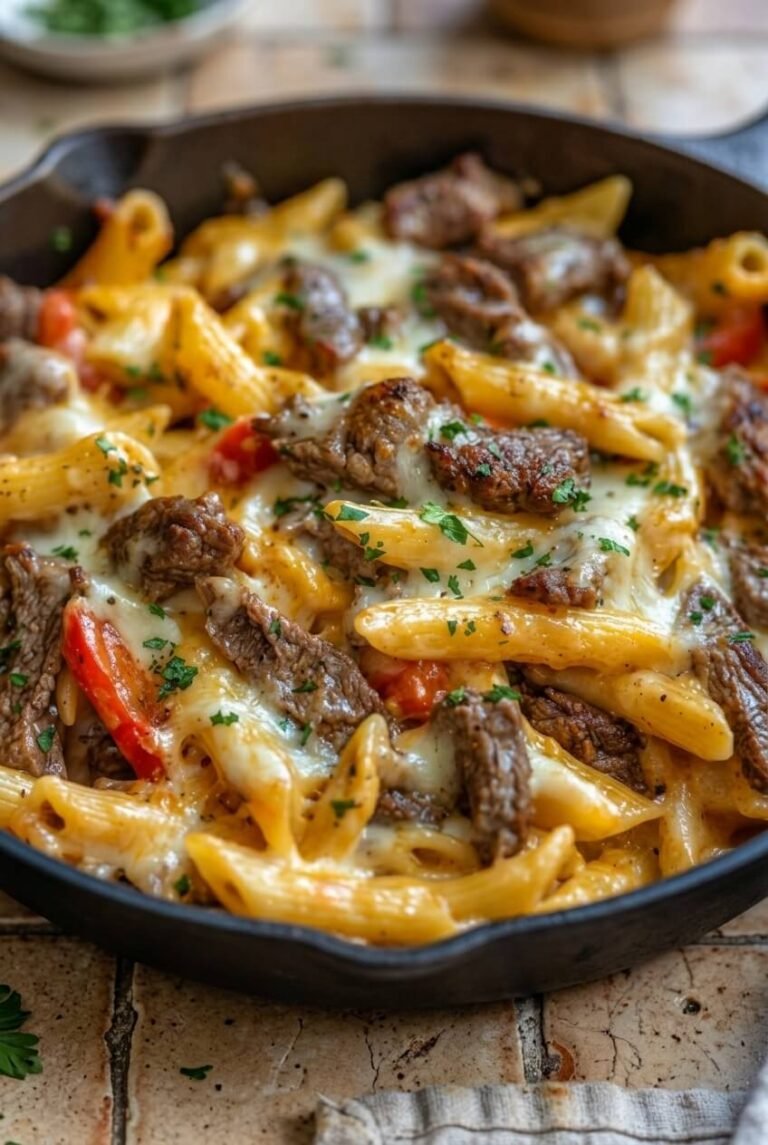 delicious philly cheese steak pasta recipe - Delicious Philly Cheese Steak Pasta served in a white bowl overhead view