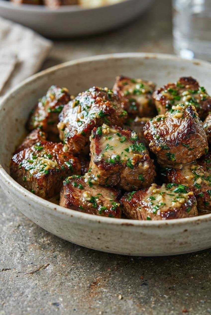 garlic butter steak bites recipe - Garlic Butter Steak Bites served in a white bowl overhead view