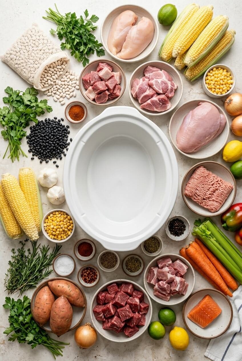 ingredients for 10 High-Protein Slow Cooker Dinners