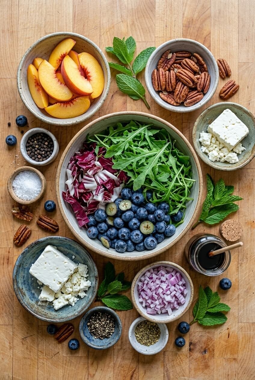 ingredients for Blueberry Peach Feta Salad