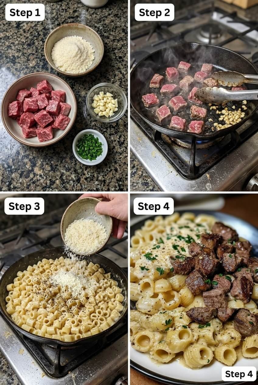 cooking Creamy Parmesan Pasta with Garlic Steak step by step