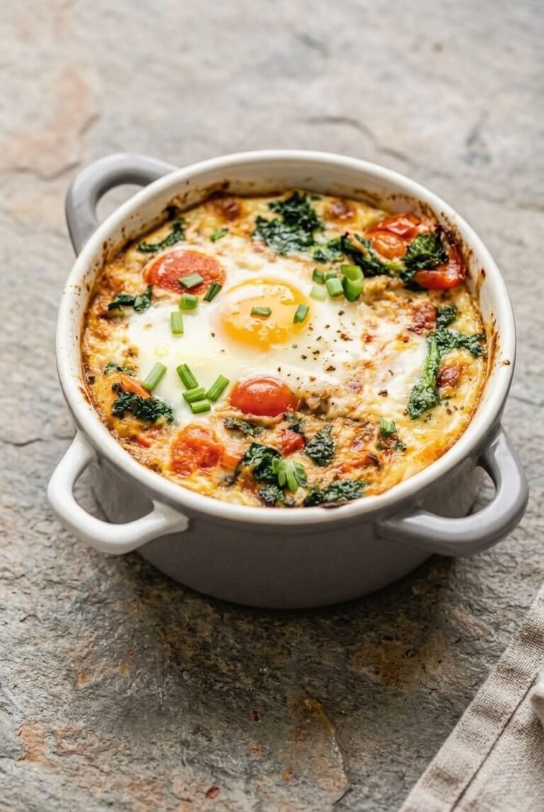 crispy baked feta eggs recipe - Crispy Baked Feta Eggs served in a white bowl overhead view