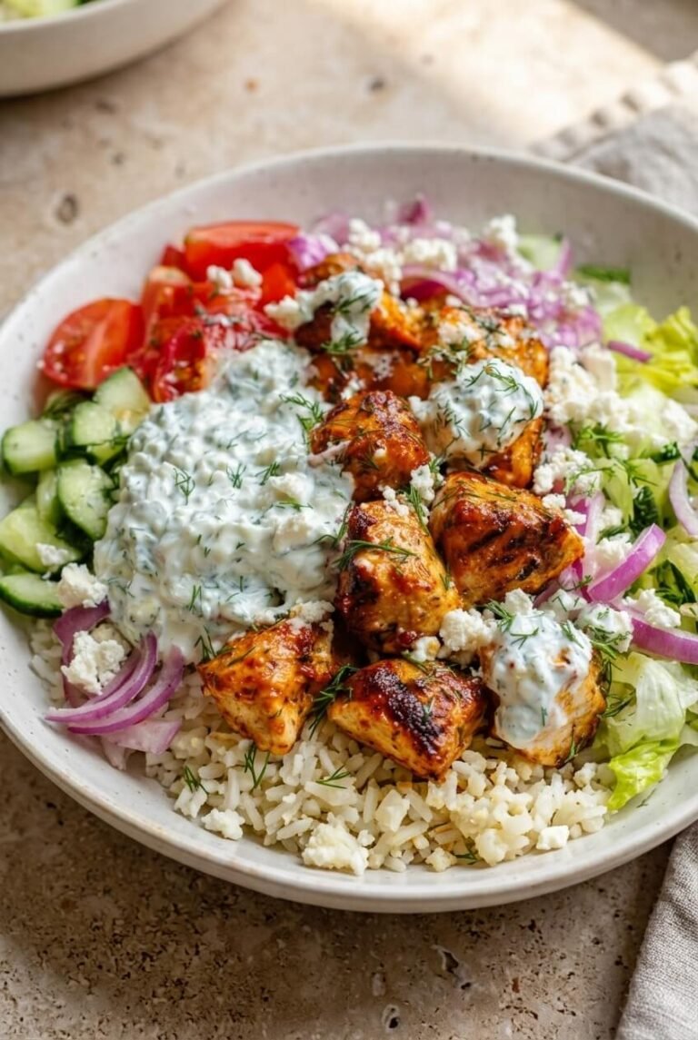 lemon dill chicken bowl recipe - Lemon Dill Chicken Bowl served in a white bowl overhead view