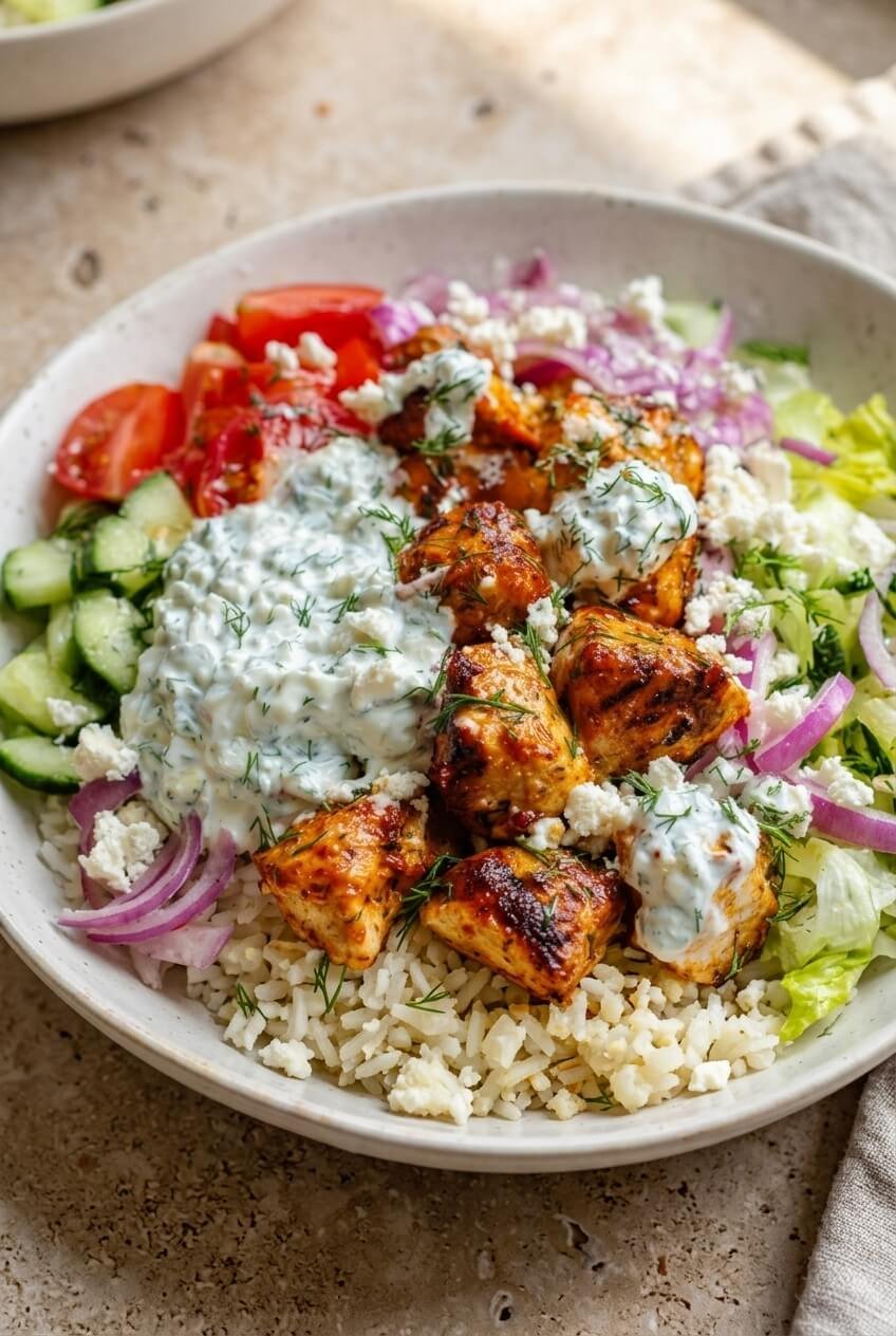 lemon dill chicken bowl recipe - Lemon Dill Chicken Bowl served in a white bowl overhead view