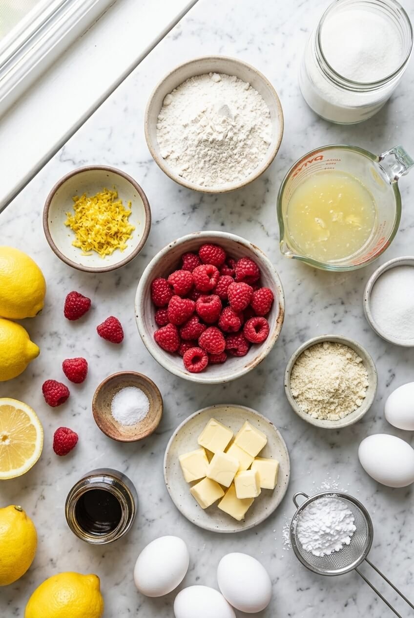ingredients for Tangy Lemon Raspberry Bars