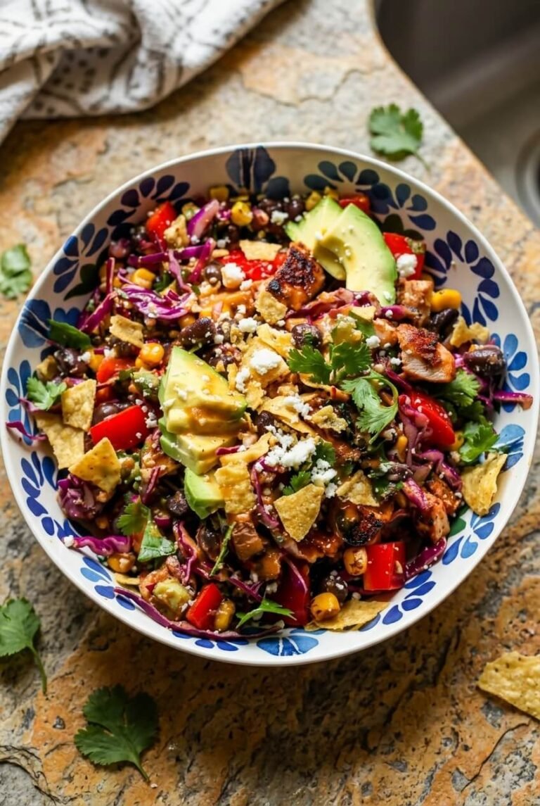 chipotle chicken chopped salad recipe - Chipotle Chicken Chopped Salad served in a white bowl overhead view