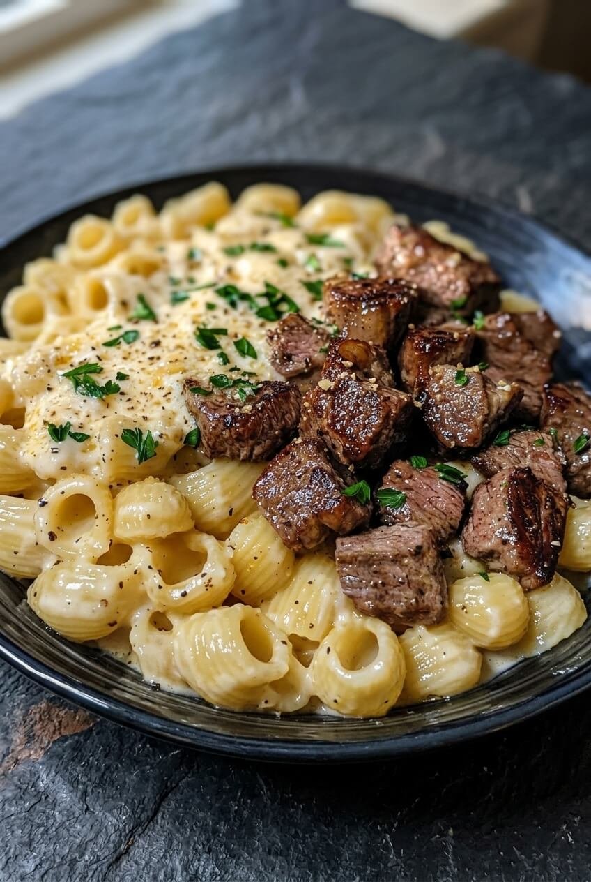 creamy parmesan pasta with garlic steak recipe - Creamy Parmesan Pasta with Garlic Steak served in a white bowl overhead view