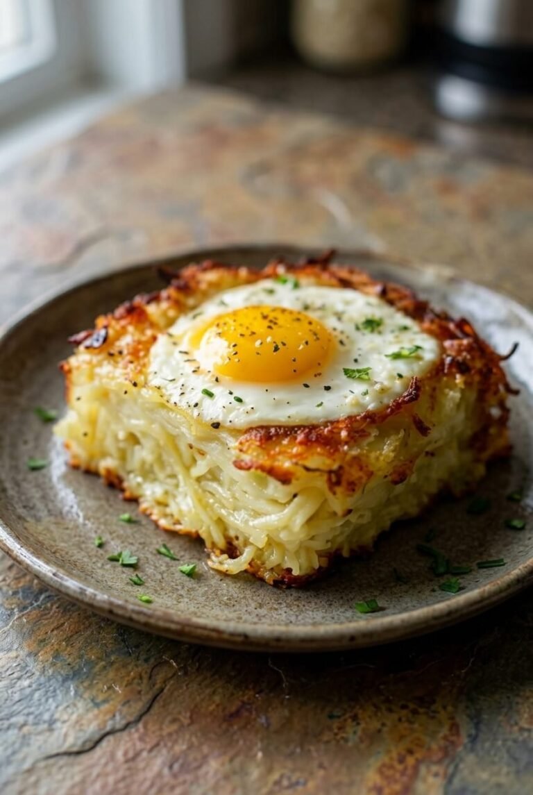 elegant baked eggs napoleon recipe - Elegant Baked Eggs Napoleon served in a white bowl overhead view