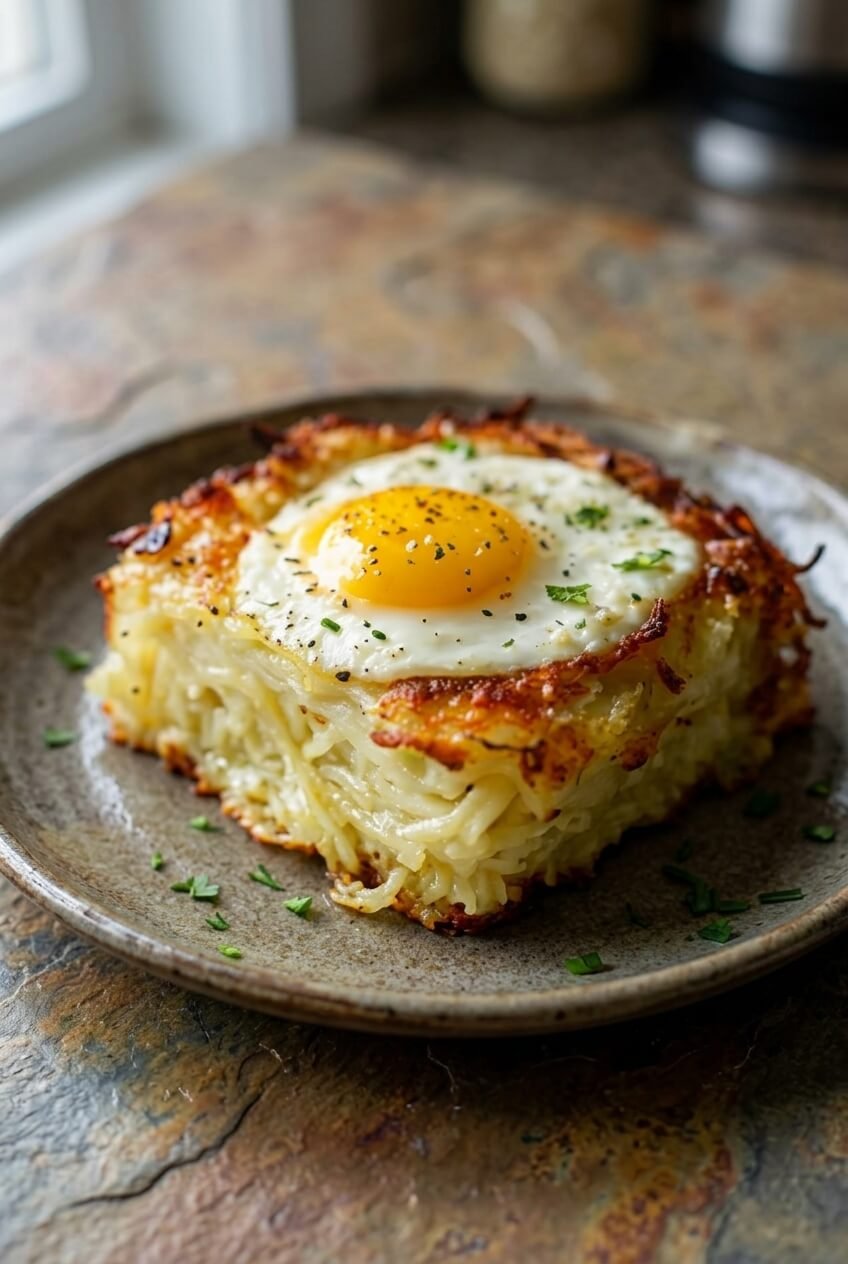 elegant baked eggs napoleon recipe - Elegant Baked Eggs Napoleon served in a white bowl overhead view