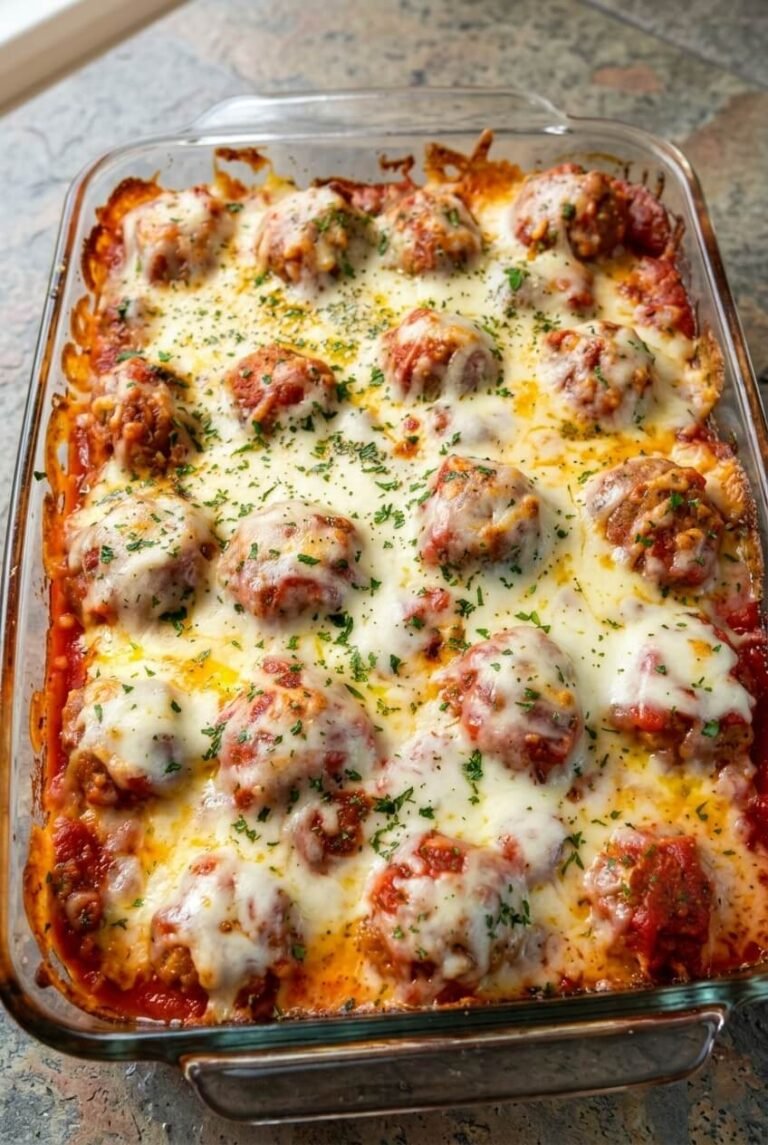 dump and bake meatball casserole recipe - Dump and Bake Meatball Casserole served in a white bowl overhead view