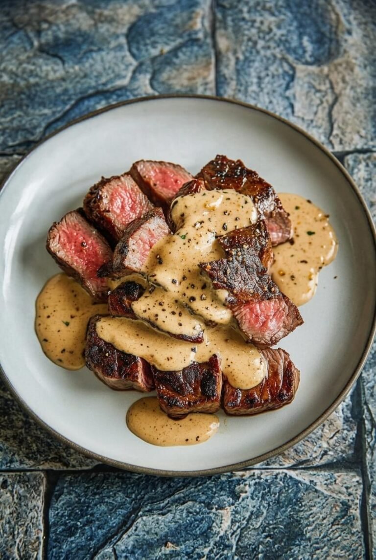 steak with bourbon garlic cream sauce recipe - Steak with Bourbon Garlic Cream Sauce served in a white bowl overhead view