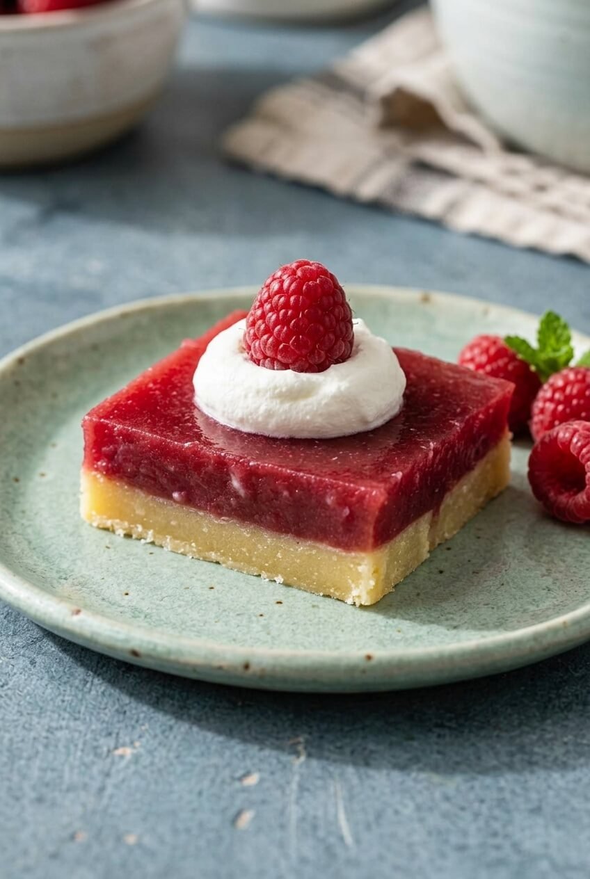 tangy lemon raspberry bars recipe - Tangy Lemon Raspberry Bars served in a white bowl overhead view