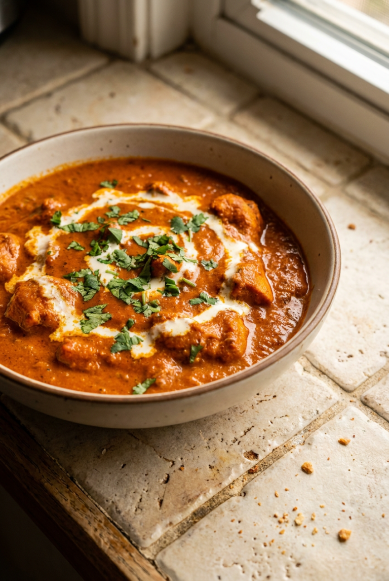 authentic homemade chicken tikka masala recipe - Authentic Homemade Chicken Tikka Masala served in a white bowl overhead view